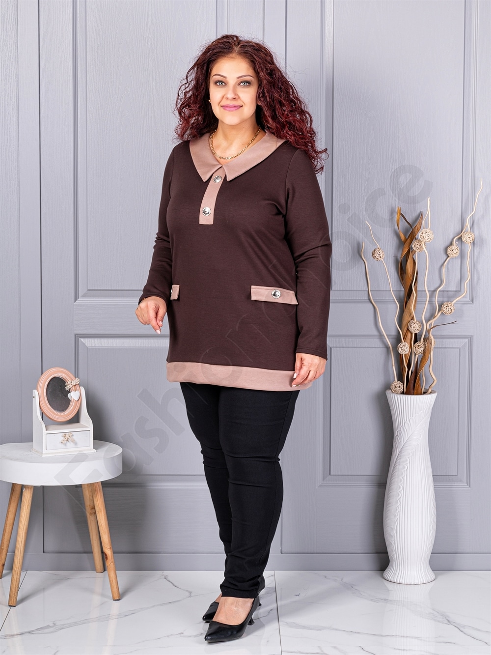 Tunica maxi eleganta cu guler si nasturi-maro cod 1475-4