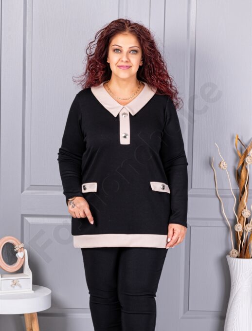 Tunica maxi eleganta cu guler si nasturi-negru cod 1475-3