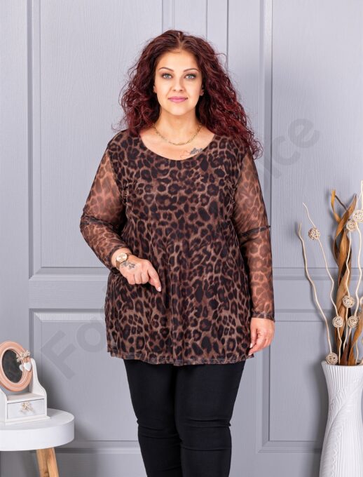 Tunica maxi din tull elastic cu imprimeu leopard-maro 10110-3