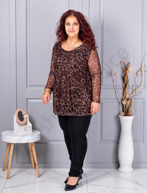 Tunica maxi din tull elastic cu imprimeu leopard-maro 10110-3