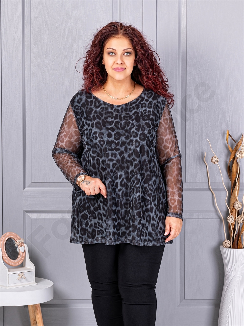 Tunica maxi din tull elastic cu imprimeu leopard-negru 10110