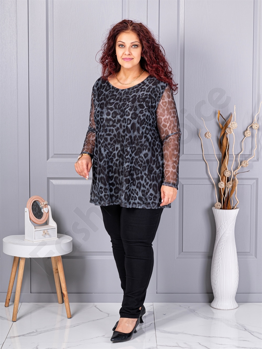 Tunica maxi din tull elastic cu imprimeu leopard-negru 10110