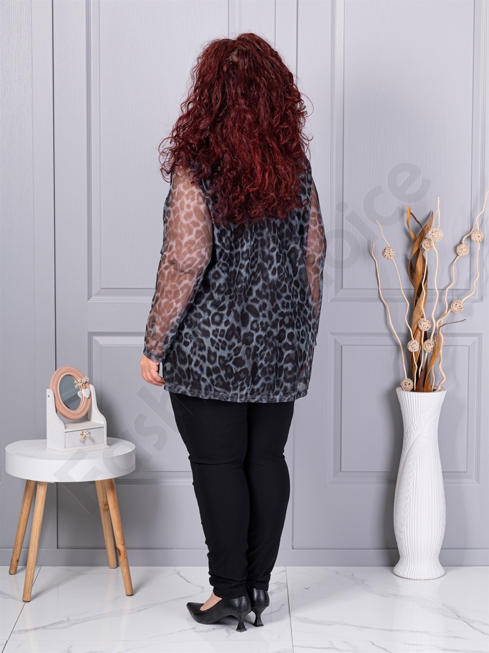 Tunica maxi din tull elastic cu imprimeu leopard-negru 10110
