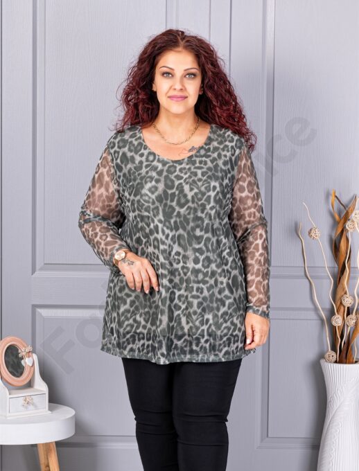 Tunica maxi din tull elastic cu imprimeu leopard-kaki 10110-2