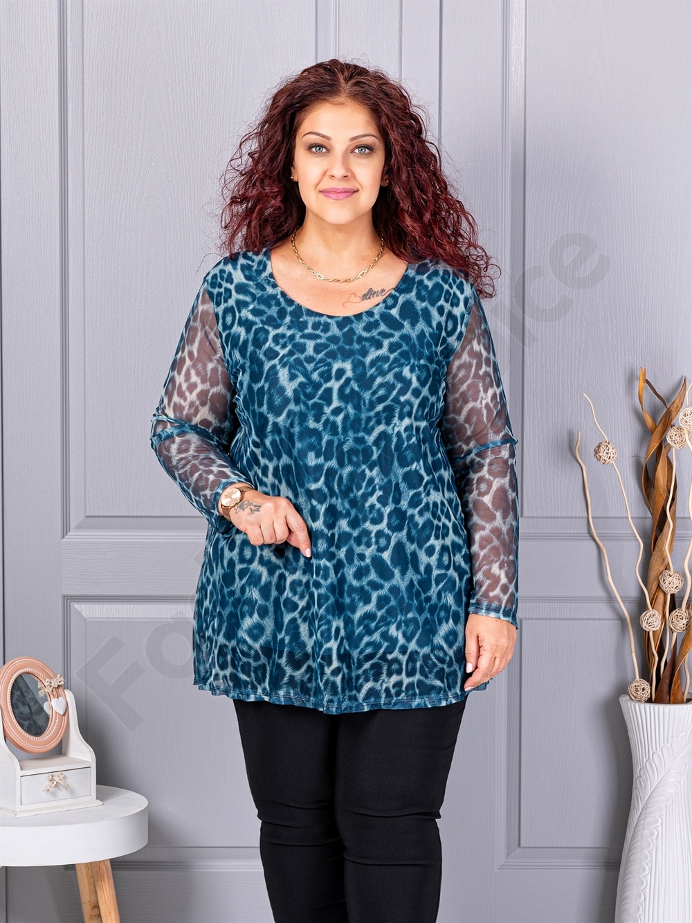 Tunica maxi din tull elastic cu imprimeu leopard-petrol 10110-4
