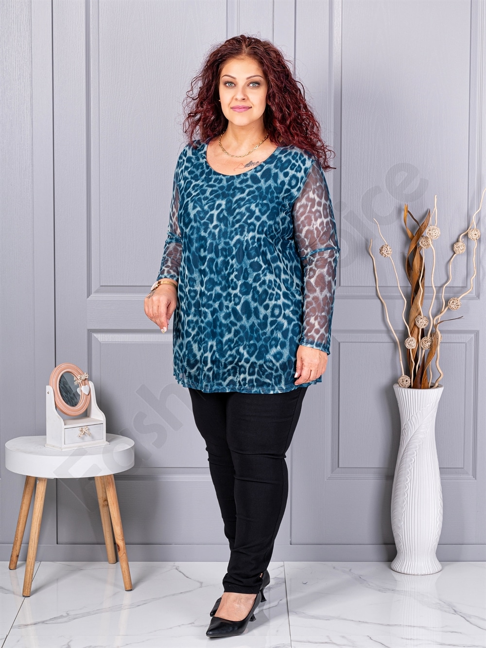 Tunica maxi din tull elastic cu imprimeu leopard-petrol 10110-4