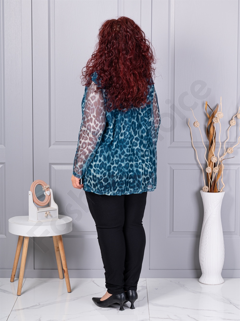 Tunica maxi din tull elastic cu imprimeu leopard-petrol 10110-4