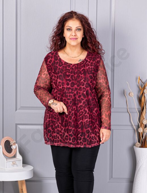Tunica maxi din tull elastic cu imprimeu leopard-bordo 10110-1