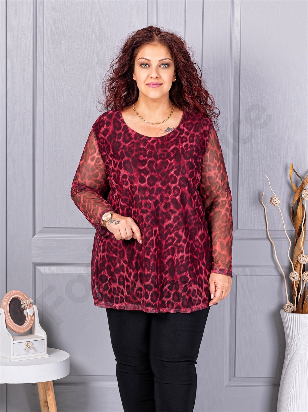 Tunica maxi din tull elastic cu imprimeu leopard-bordo 10110-1