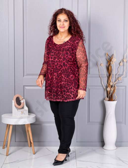 Tunica maxi din tull elastic cu imprimeu leopard-bordo 10110-1