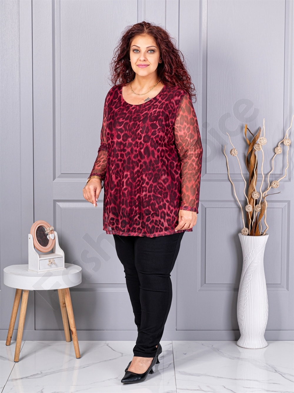 Tunica maxi din tull elastic cu imprimeu leopard-bordo 10110-1