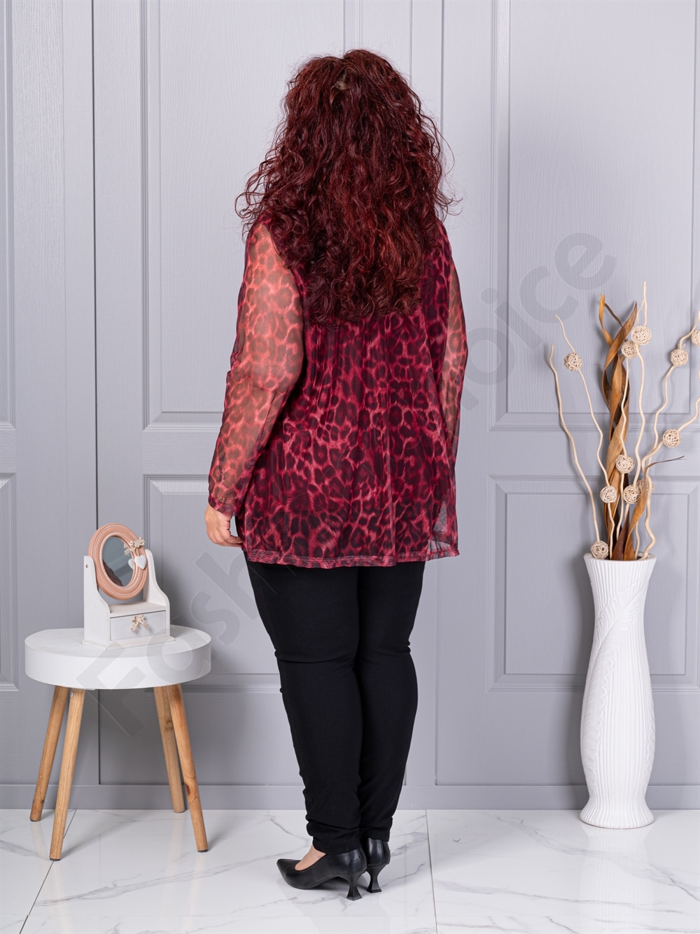 Tunica maxi din tull elastic cu imprimeu leopard-bordo 10110-1