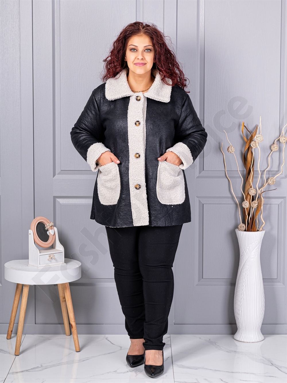 Palton maxi elegant din velur eco si caracul-negru cod 9830
