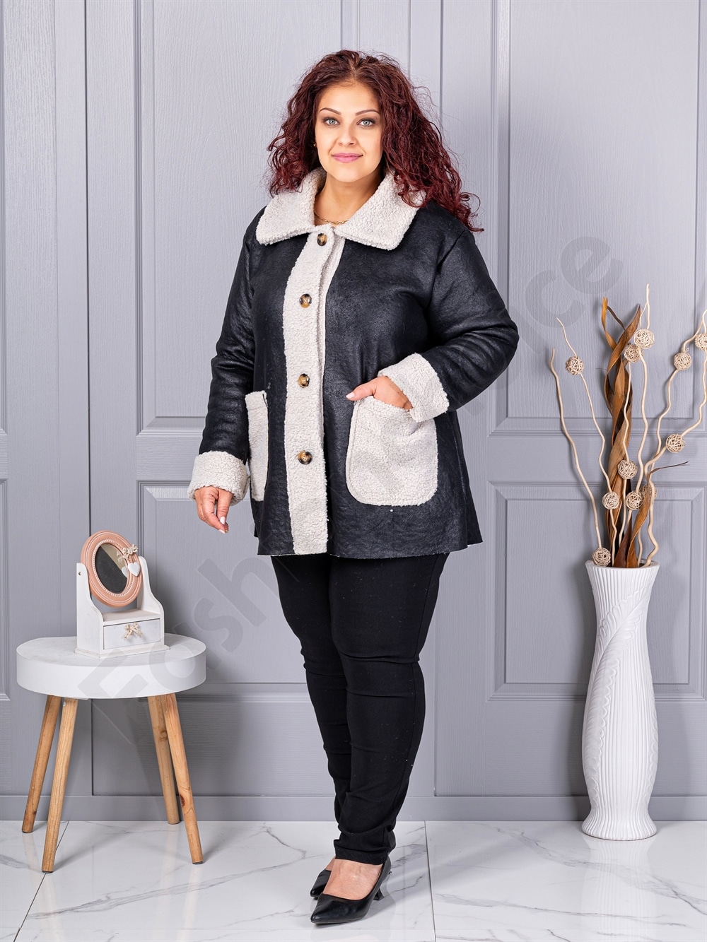 Palton maxi elegant din velur eco si caracul-negru cod 9830