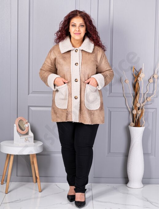 Palton maxi elegant din velur eco si caracul-capucino cod 9830-1