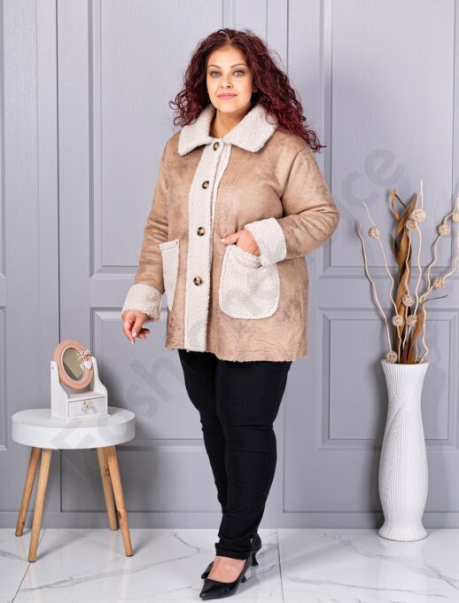 Palton maxi elegant din velur eco si caracul-capucino cod 9830-1