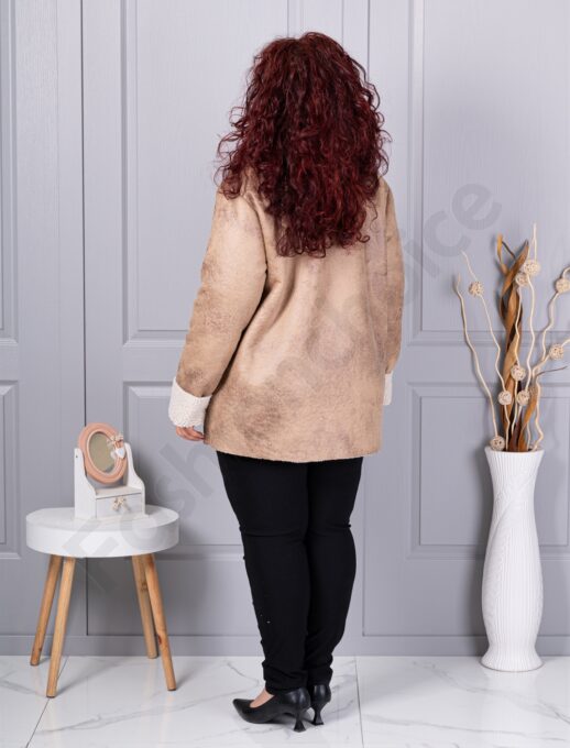 Palton maxi elegant din velur eco si caracul-capucino cod 9830-1