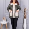Palton maxi elegant din velur eco si caracul-kaki cod 9830-2