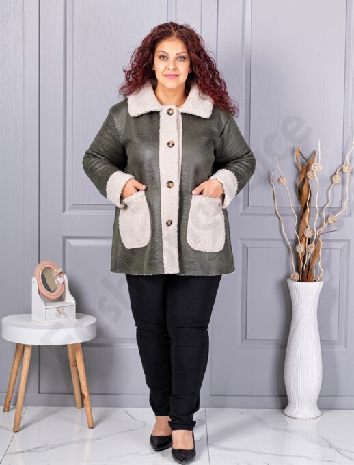 Palton maxi elegant din velur eco si caracul-kaki cod 9830-2