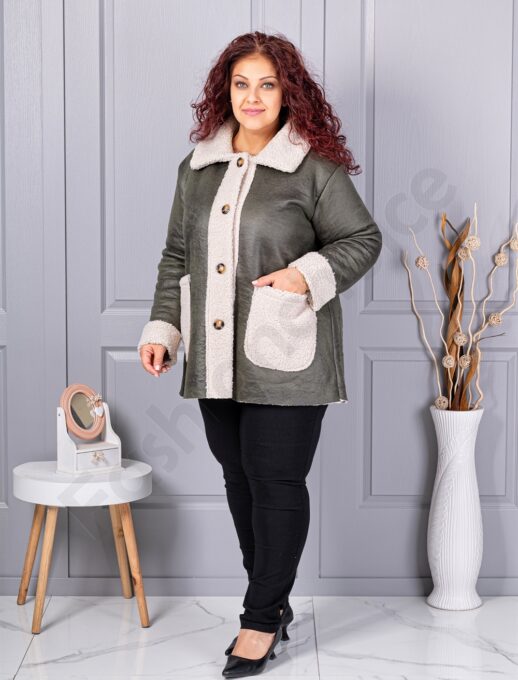 Palton maxi elegant din velur eco si caracul-kaki cod 9830-2
