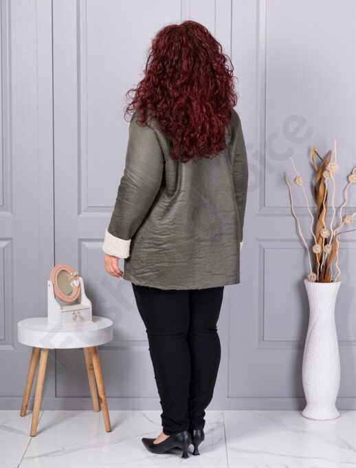 Palton maxi elegant din velur eco si caracul-kaki cod 9830-2