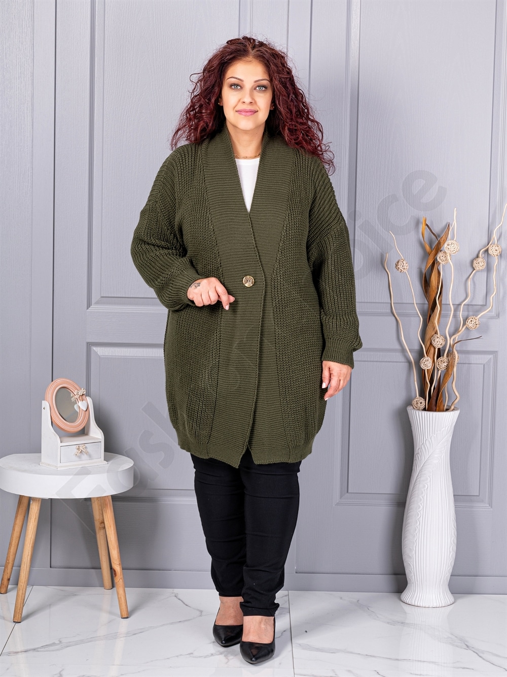 Cardigan maxi lung din tricotaj cu textură-kaki cod 25802-4
