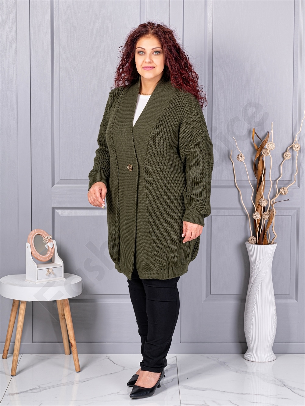 Cardigan maxi lung din tricotaj cu textură-kaki cod 25802-4