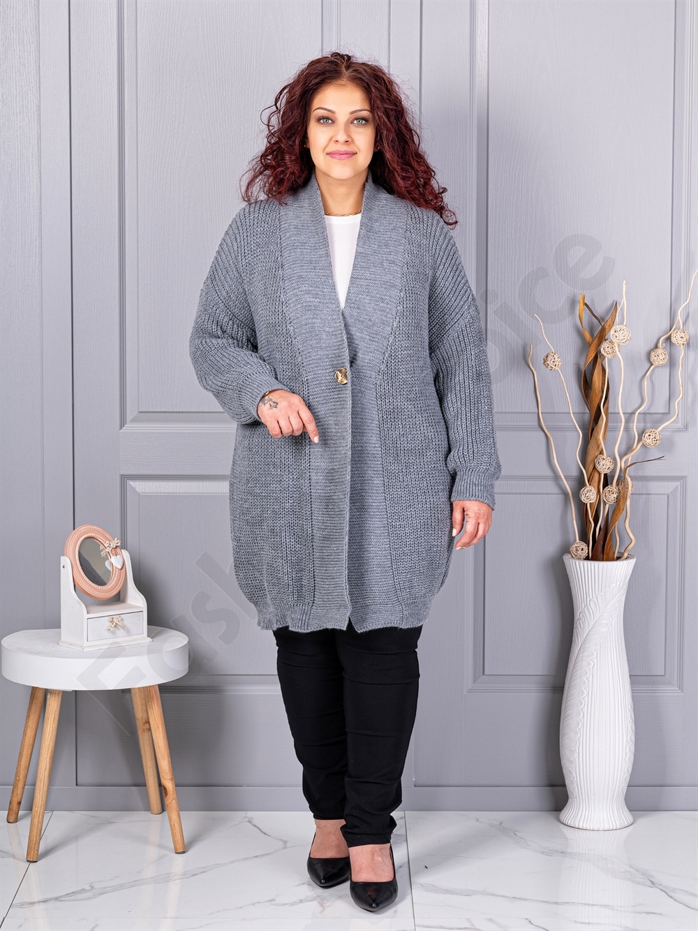Cardigan maxi lung din tricotaj cu textură-gri cod 25802-3