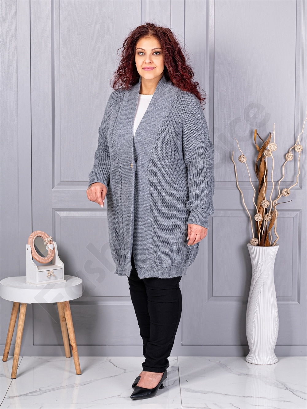 Cardigan maxi lung din tricotaj cu textură-gri cod 25802-3