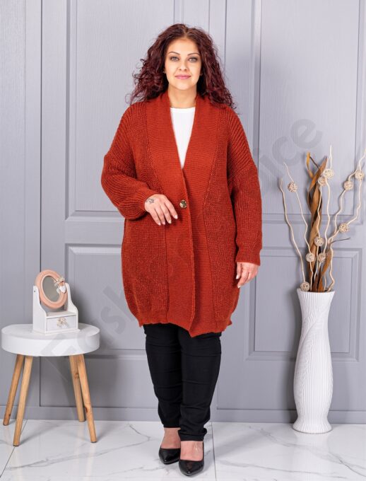 Cardigan maxi lung din tricotaj cu textură-caramiziu cod 25802-2