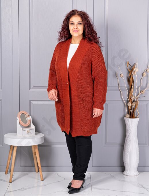 Cardigan maxi lung din tricotaj cu textură-caramiziu cod 25802-2