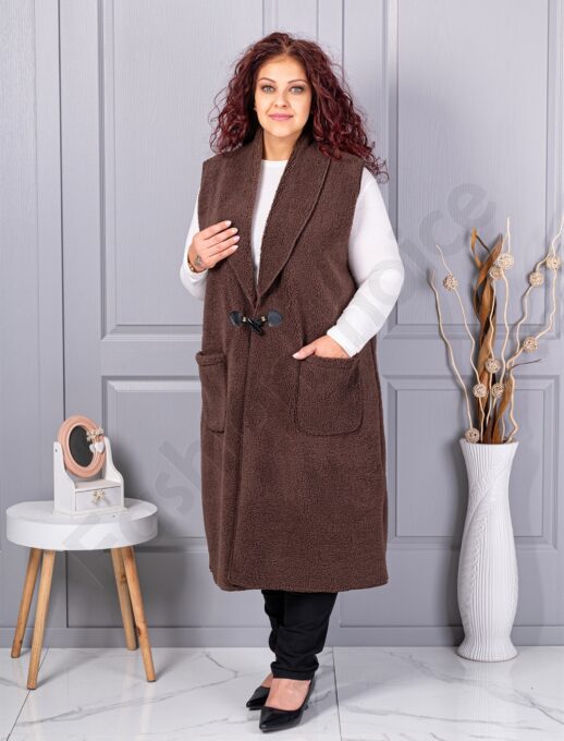 Vesta maxi elegant din bucle cu inchidere moderna-maro cod 2184-2