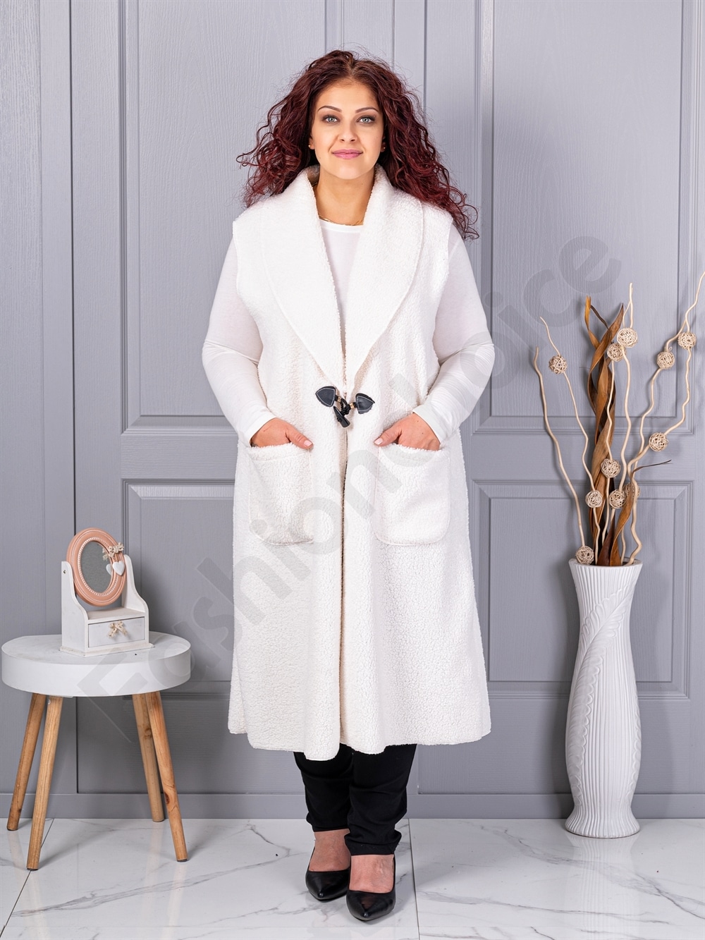 Vesta maxi elegant din bucle cu inchidere moderna-sampanie cod 2184-1