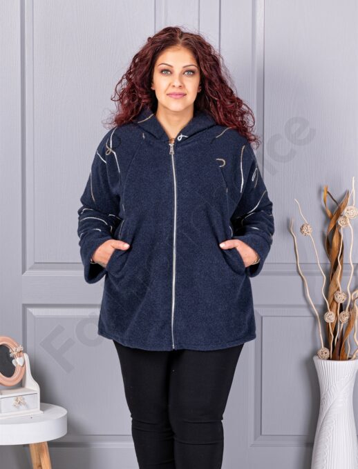 Palton maxi gros din bucle cu broderie pe maneci-albastru inchis cod 9843-4