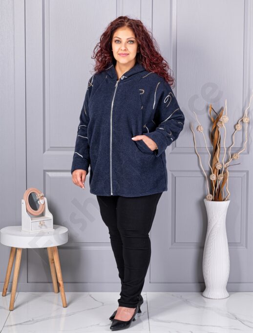 Palton maxi gros din bucle cu broderie pe maneci-albastru inchis cod 9843-4