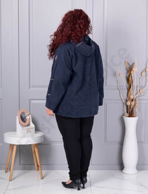 Palton maxi gros din bucle cu broderie pe maneci-albastru inchis cod 9843-4