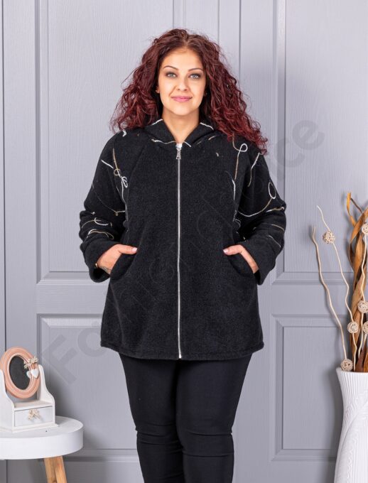 Palton maxi gros din bucle cu broderie pe maneci-negru cod 9843