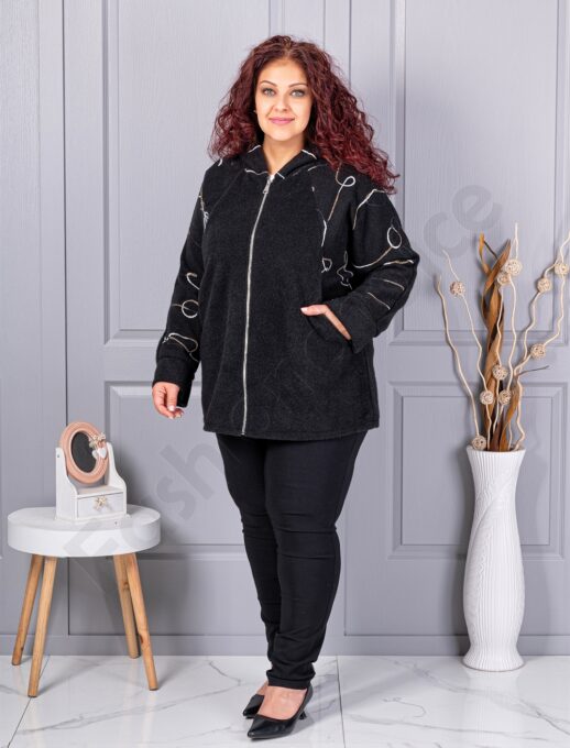 Palton maxi gros din bucle cu broderie pe maneci-negru cod 9843