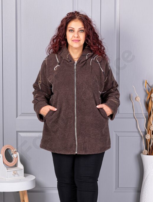 Palton maxi gros din bucle cu broderie pe maneci-maro cod 9843-2
