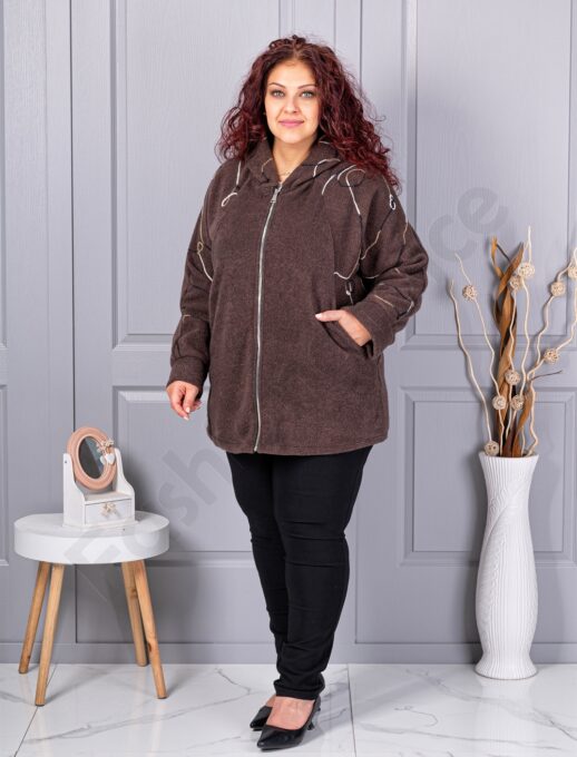 Palton maxi gros din bucle cu broderie pe maneci-maro cod 9843-2