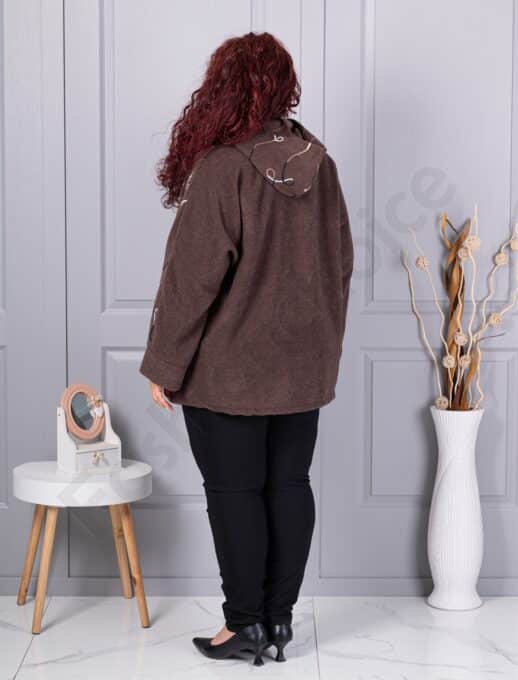 Palton maxi gros din bucle cu broderie pe maneci-maro cod 9843-2