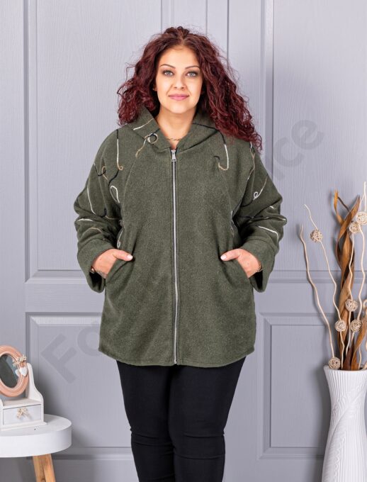 Palton maxi gros din bucle cu broderie pe maneci-kaki cod 9843-3