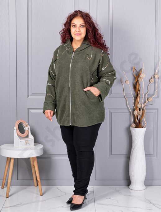 Palton maxi gros din bucle cu broderie pe maneci-kaki cod 9843-3
