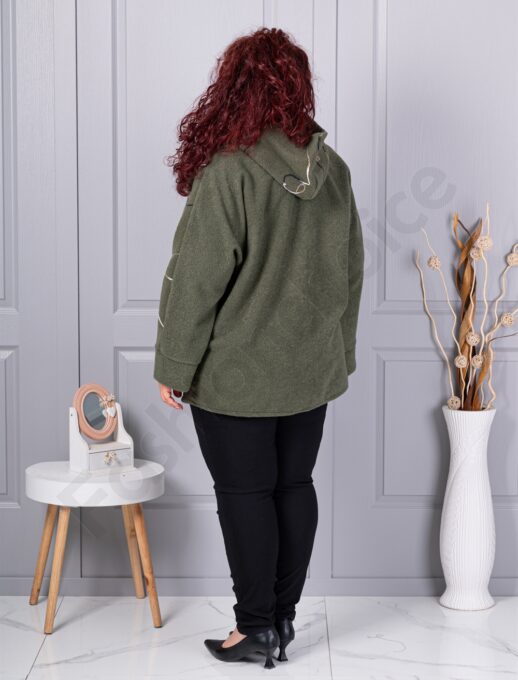 Palton maxi gros din bucle cu broderie pe maneci-kaki cod 9843-3