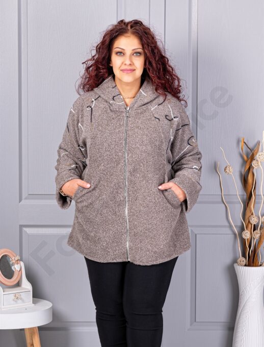 Palton maxi gros din bucle cu broderie pe maneci-moca cod 9843-1