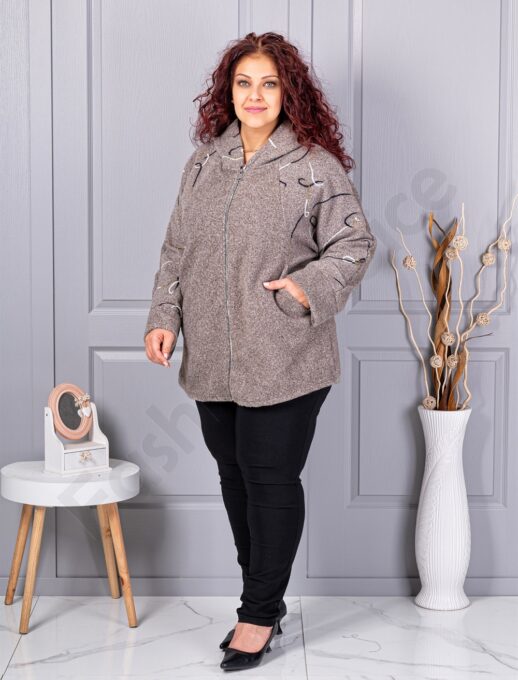 Palton maxi gros din bucle cu broderie pe maneci-moca cod 9843-1