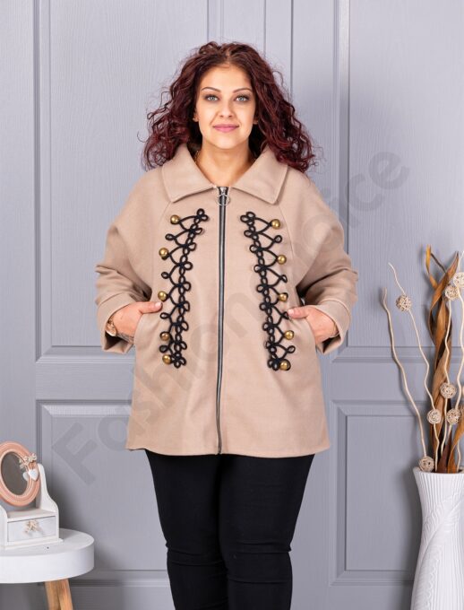 Jacheta maxi de dama din cașmir eco cu aplicatie-bej cod 9846-1