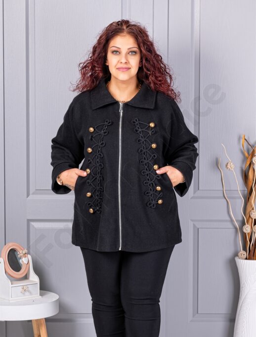 Jacheta maxi de dama din cașmir eco cu aplicatie-negru cod 9846