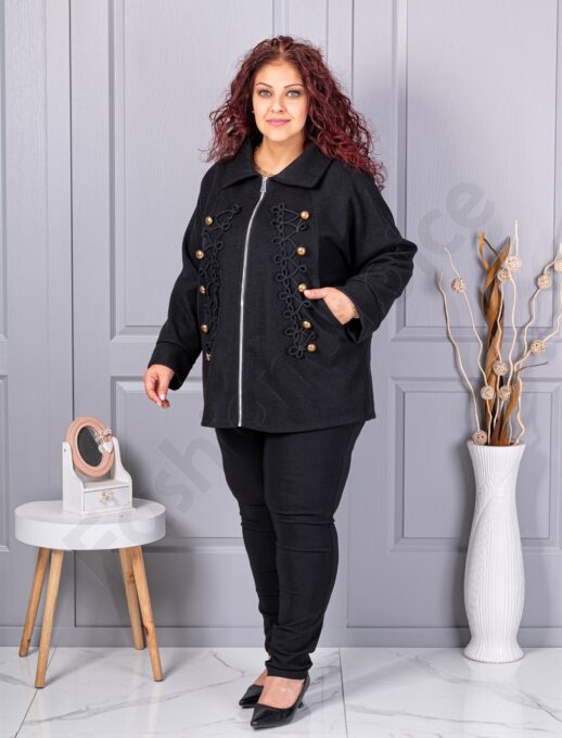 Jacheta maxi de dama din cașmir eco cu aplicatie-negru cod 9846