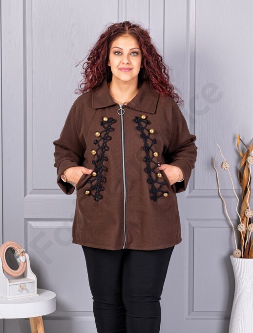 Jacheta maxi de dama din cașmir eco cu aplicatie-maro cod 9846-2